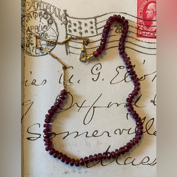 Rhodolite Garnet Hand Strung Gem Necklace With Gold Filled Antique Watch Chain - Picture 6 of 17